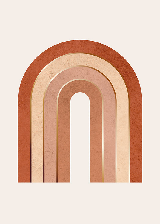  – Graphic illustration of a red and beige rainbow with golden lines separating the colours