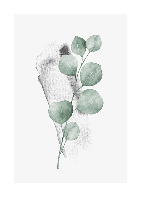  – Watercolour painting of a small eucalyptus branch with green leaves and a light grey background