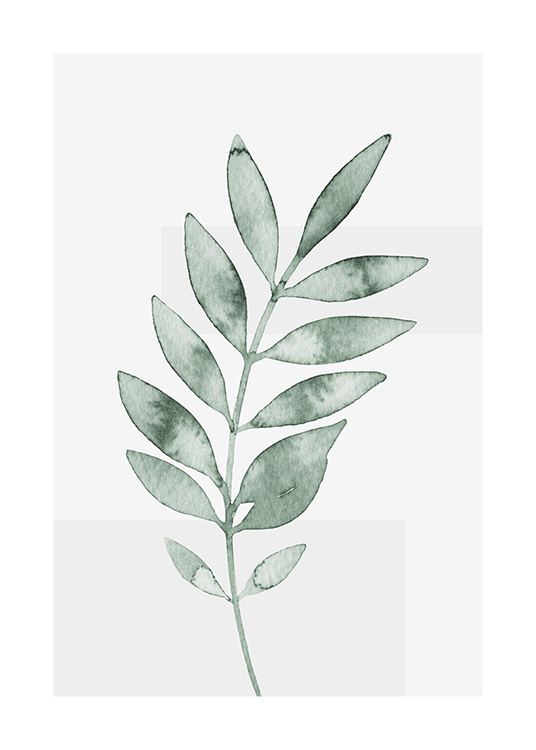  – Watercolour painting with a small green leaf against a light grey background