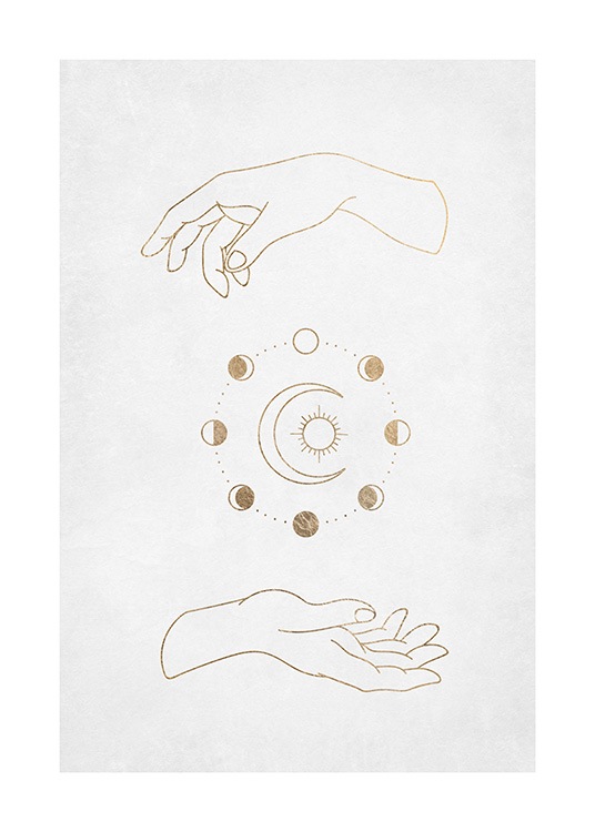  – Graphical illustration of a pair of hands with golden circles and a moon and sun inbetween them