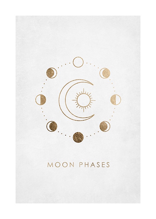  – Graphical illustration of a gold moon and sun surrounded by small golden circles
