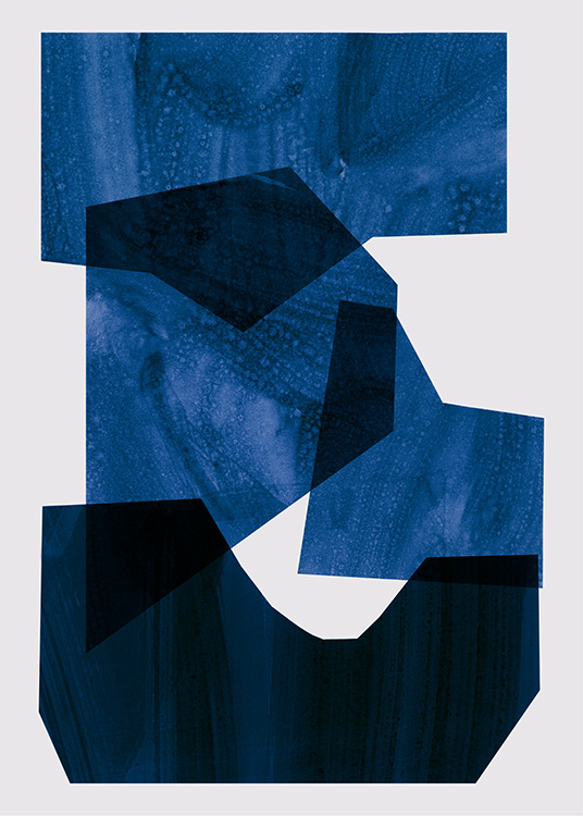  – Abstract illustration with graphical shapes in dark and bright blue on a beige background