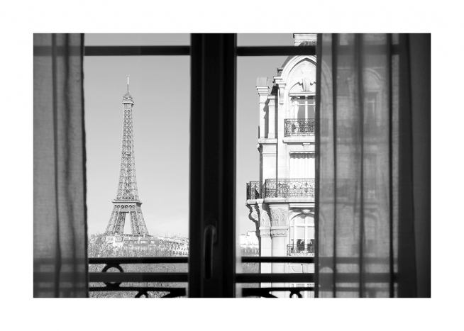  – Black and white photograph of the Eiffel Tower and a building seen from a window
