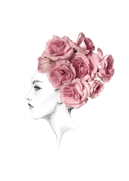  – Sketch of a woman in black and white with pink roses in her hair as a hairbun