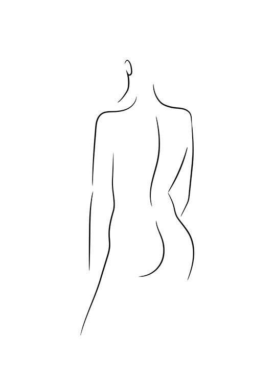  – Black and white line art drawing of a naked female body seen from behind