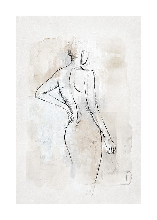  – Watercolour painting in grey and beige with a sketch of a naked body in black