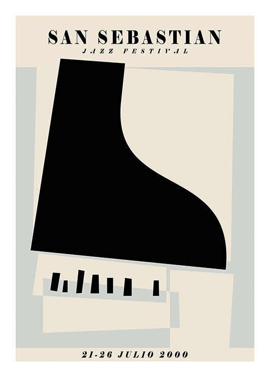  – Graphic illustration of a jazz festival poster with a piano in the middle and text at the top and bottom
