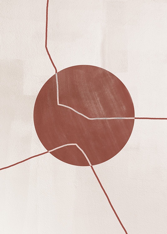  - Illustration with abstract lines passing through a circle in red, on a beige background