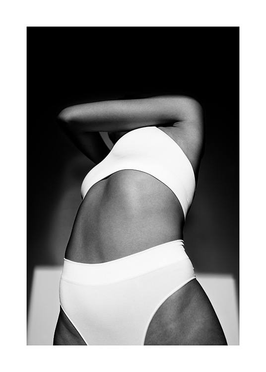  - Black and white photograph of a woman in white underwear
