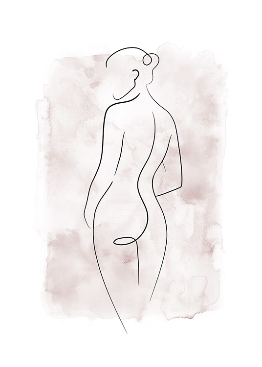  - Drawing of a naked woman in line art with a pink watercolour background