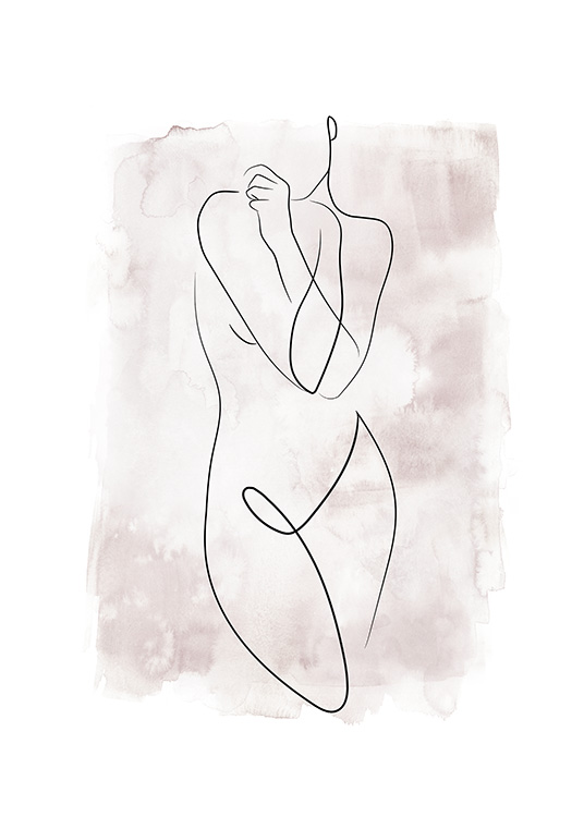  - Drawing in line art of a naked female body on a pink watercolour background