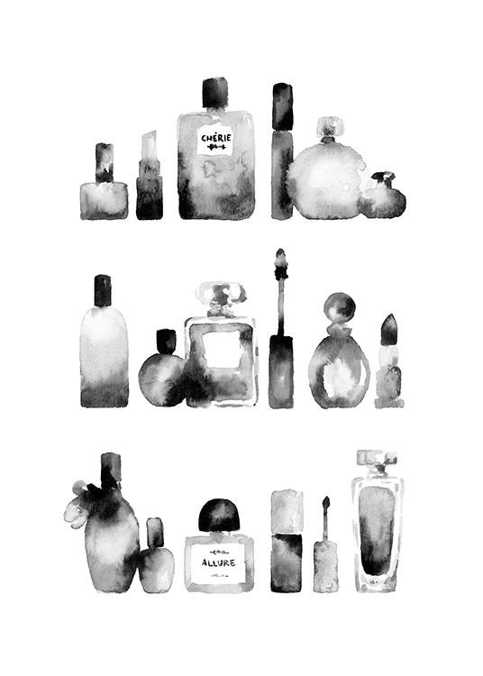  - Black and white watercolour painting of three lines with makeup and perfume bottles