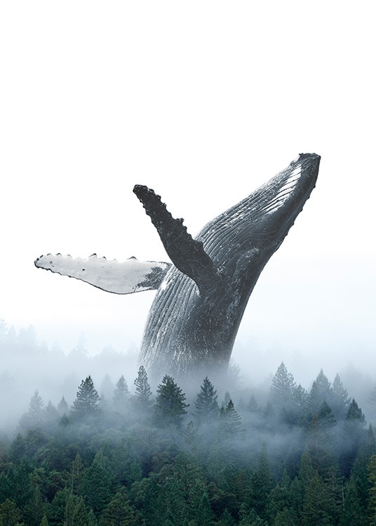  - Photo art print with a whale throwing itself backwards in a forest covered in fog