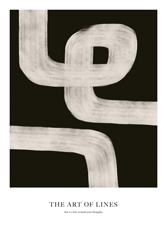 - Abstract illustration with painted lines in beige on a black background and text underneath