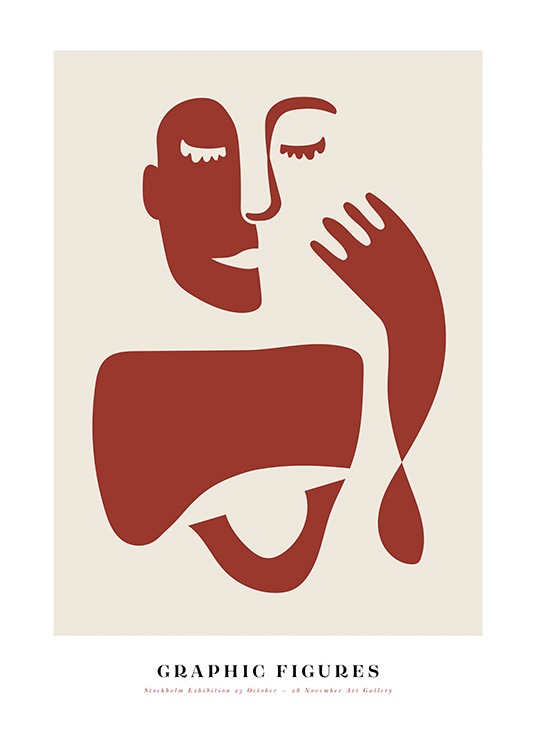  - Graphical illustration in red and beige of an abstract face and hand