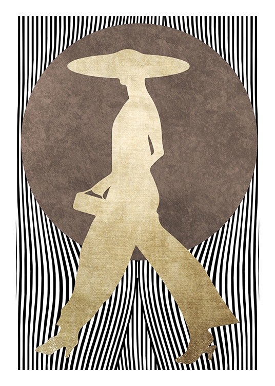  - Graphical design with a woman in gold in front of a brown circle and striped background