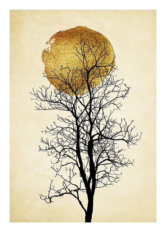  - Graphical art print with a golden sun behind a black tree on a beige background with stripes