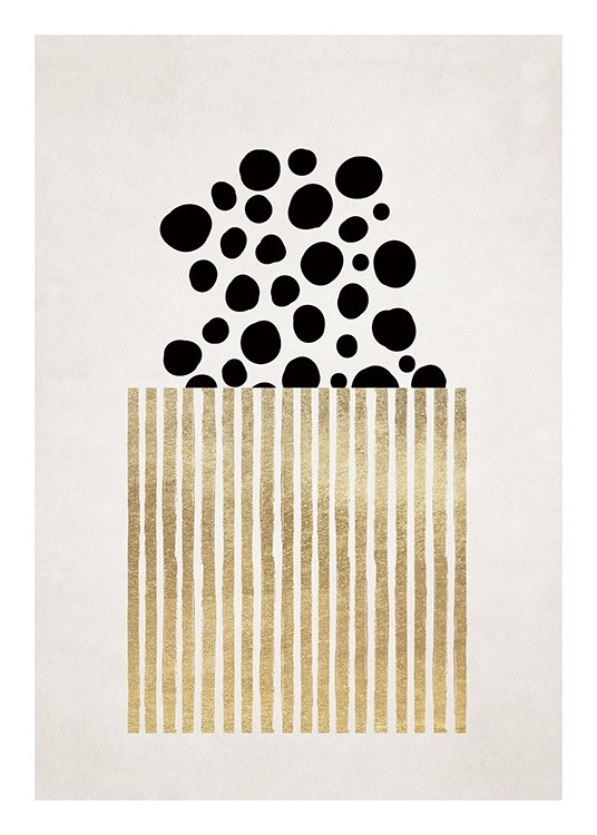  - Graphical print with gold stripes covering a bunch of black circles on a beige background