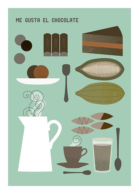  - Kitchen print with illustration of chocolates, cups and glasses and a kettle on a green background