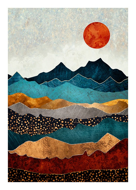  - Graphical illustration with a colourful mountain landscape and a red sun in the background