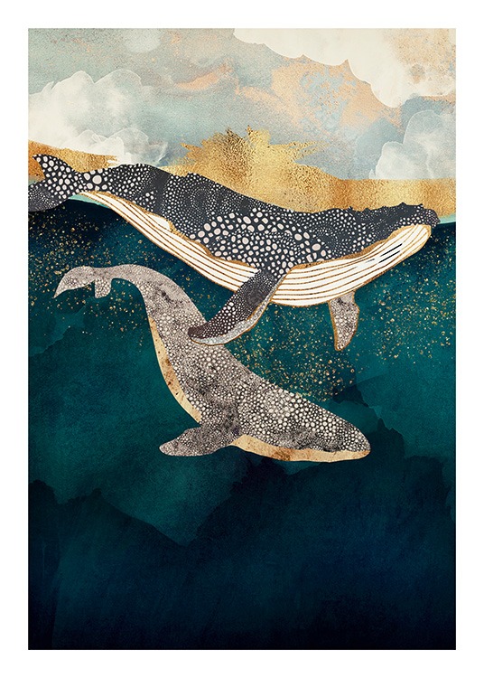  - Graphical illustration in blue of two whales swimming in an ocean