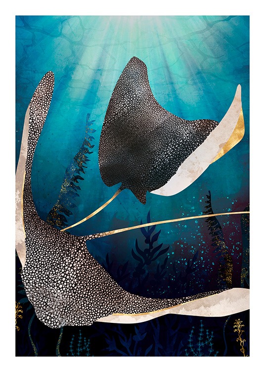  - Graphical illustration of stingrays with white spots and gold details