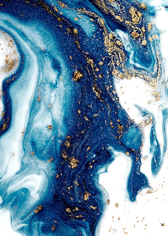  - Oil painting with abstract painted swirls in blue and white with and gold details