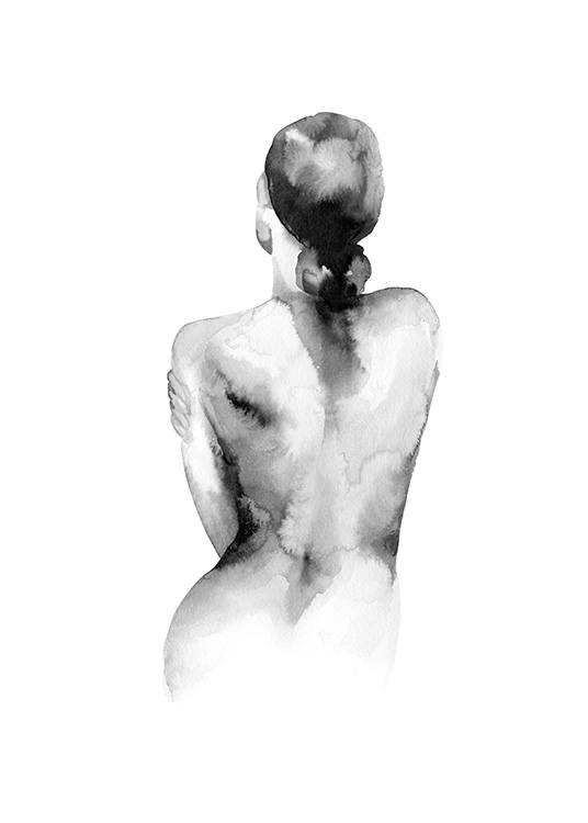  - Black and white watercolour painting of a naked woman seen from behind