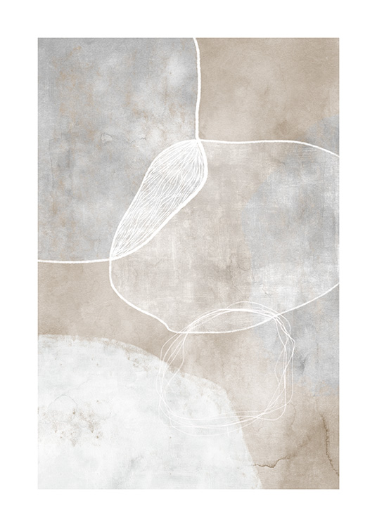  - Watercolour painting in beige and blue with abstract shapes in white