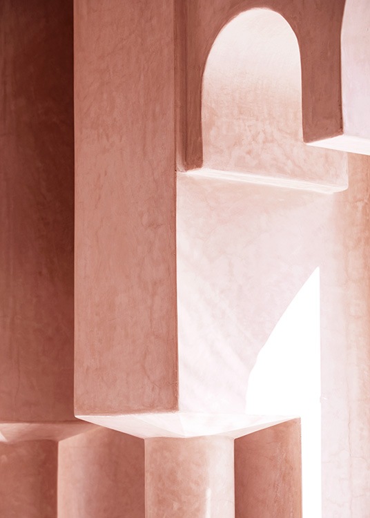  - Photograph with details of a concrete building in pink with small arches and pillars