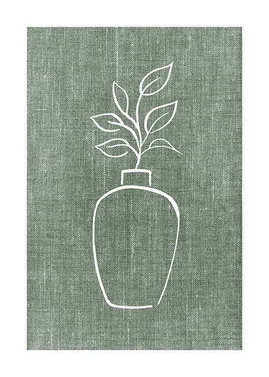 – Illustration of a white vase with leaves in it on a green linen background