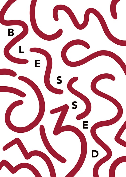  – Graphical illustration with the word Blessed, and bold red lines on a white background