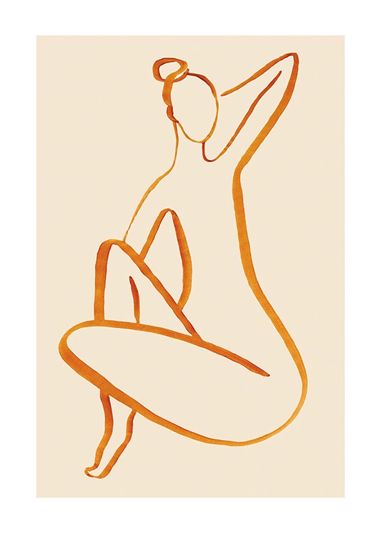  – Illustration in line art of a naked woman, drawn in orange on a light beige background