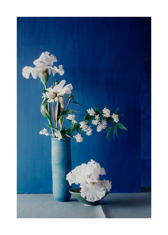  – Photograph of a blue vase with white flowers and a dark blue wall in the background