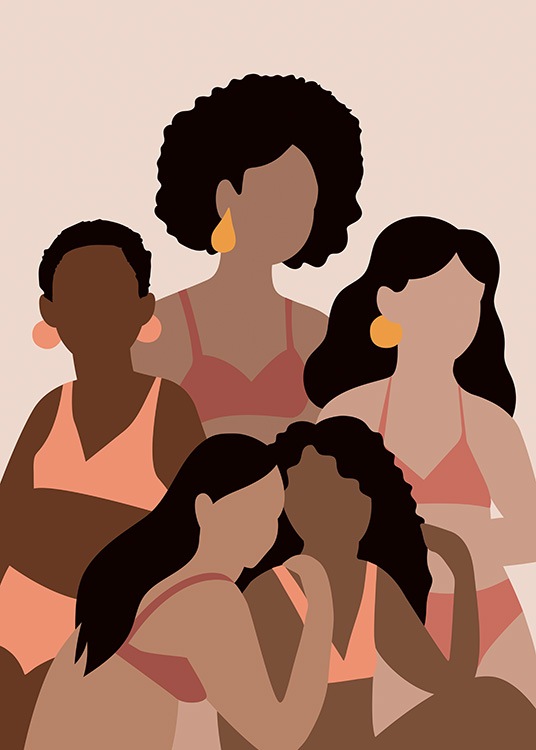  – Graphical illustration with women wearing pink and beige bikinis standing together