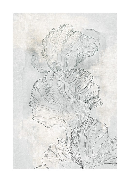  – Abstract drawing with corals on a grey and beige painted background