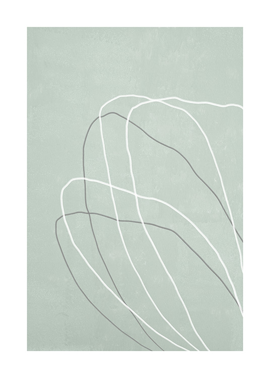  – Graphical illustration with grey and white lines forming flower petals on a green background