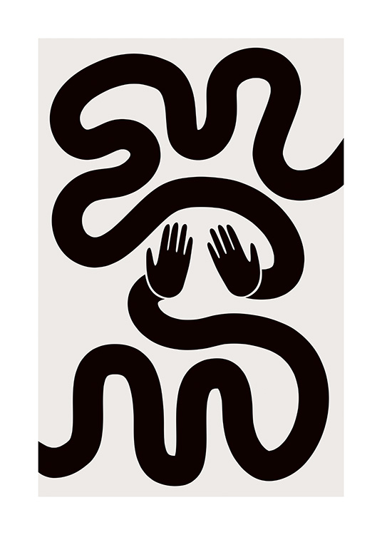  – Graphical illustration of a pair of hands and black, bold swirls on a beige background