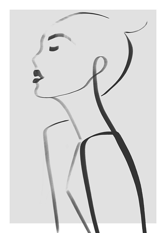  – Illustration of an upper body and face in black line art on a grey background