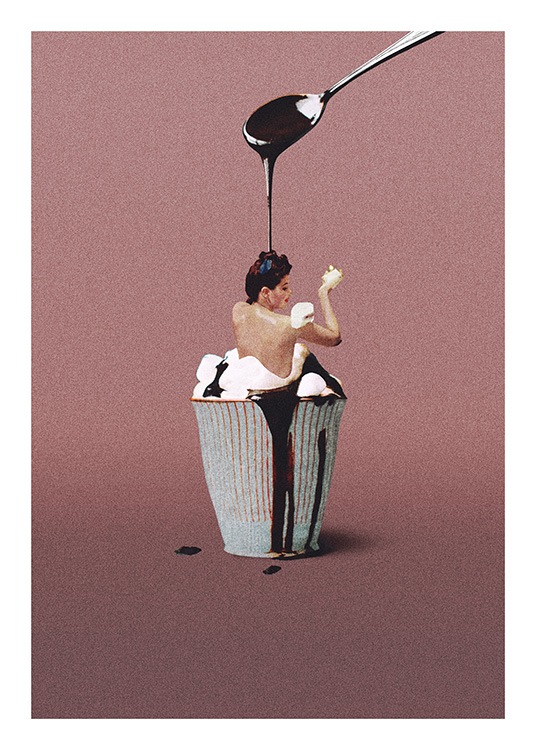  – Photograph of a woman bathing in a cup with chocolate sauce and whipped cream