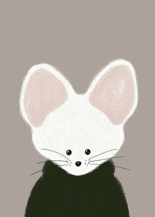  – Graphical illustration of a mouse in white with pink ears, wearing a black sweater