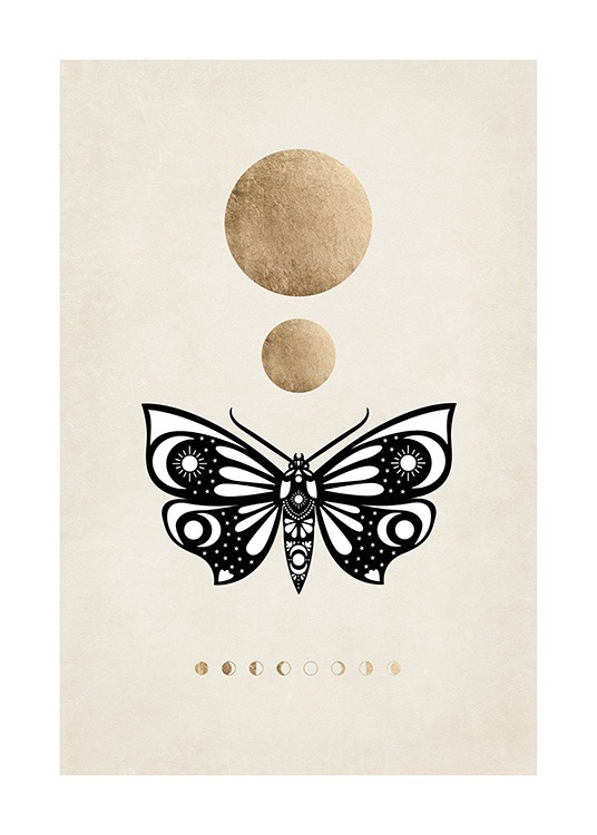  – Graphic illustration with gold circles, a black and white moth and phases of the moon