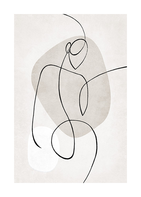  – Abstract line art illustration with a body against a beige background with shapes in beige and white