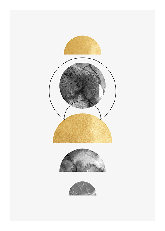  – Gold and grey circles and semicircles on a light grey background