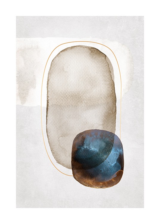  – Blue and beige shapes painted in watercolour, surrouned by a narrow gold line