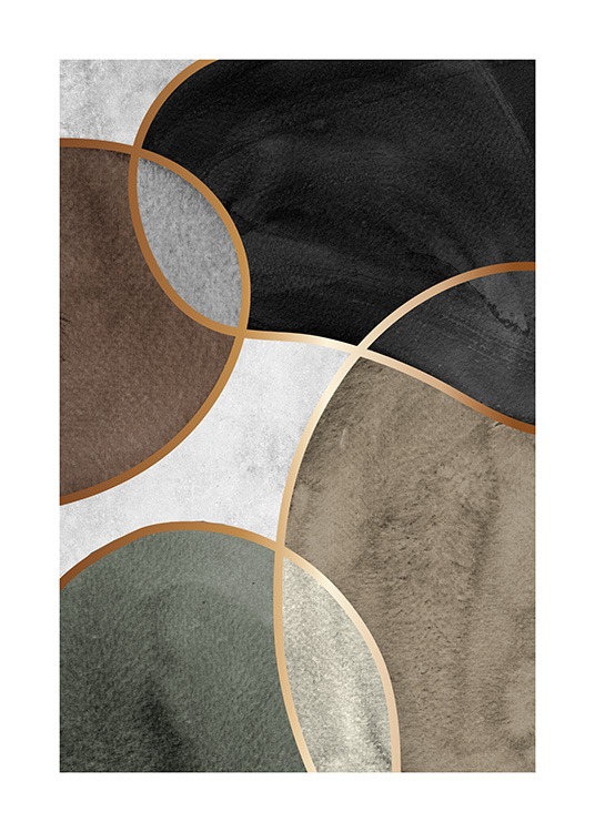  – Abstract illustration with black and brown shapes with golden contours on a grey background