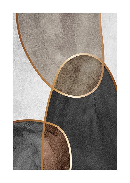  – Illustration with watercolour shapes in beige, brown and black, separated by gold lines