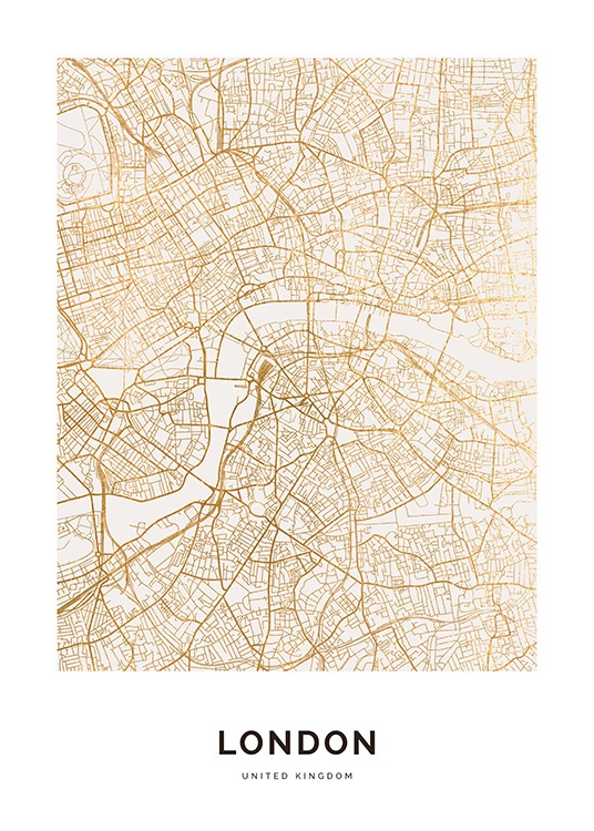  – Map of London in gold on a white background with text underneath it