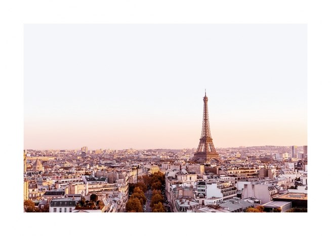  – Photograph from Paris, with buildings and the Eiffel Tower at dawn