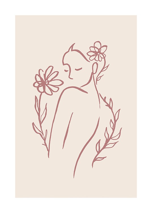 – Illustration in line art of a woman with flowers surrounding her, on a beige background